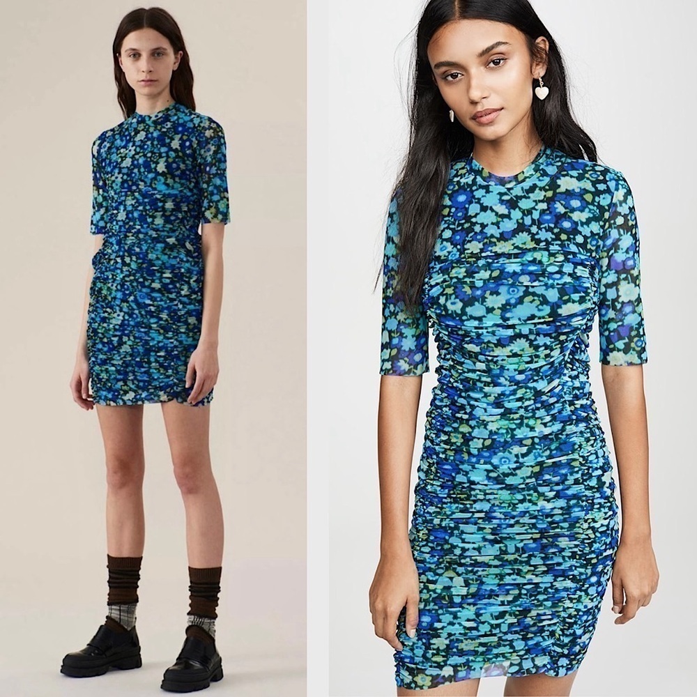 Ganni Floral Ruched Stretch Tulle Short Sleeve Crew Neck Bodycon Sheath Dress Xs